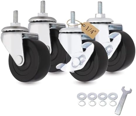 2 Inch Caster Wheels, 1/4 Inch Threaded Stem Swivel Casters with Brake, Quiet Rolling PVC Wheels for Furniture, Small Trolley, Utility Cart and Cabinet (Pack of 4 by AXL)