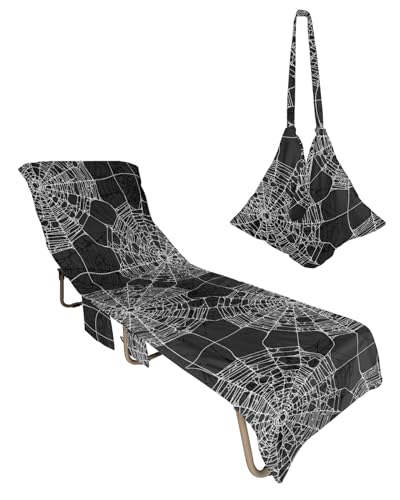 Halloween Beach Chair Towel Covers for Chaise Lounge With Side Pocket, Soft Plush Pool Towels Cover for Patio Sunbathing Outdoor 29''x85'' Black Grey Web Spooky Horror