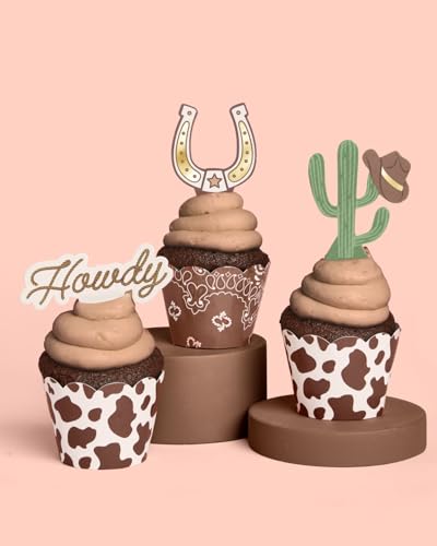 xo, Fetti Western Cupcake Liners + Toppers - Set of 24 | Rodeo Birthday Cake Decoration, Hoedown Bachelorette Food Accessory, Kids Party Supplies