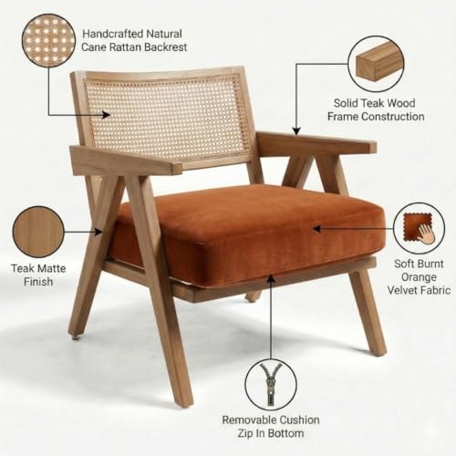 Image of Kingsman Furnitures ABEL Rattan Teak Wood Accent Arm Chair for Home Bedroom, Living, Dining, Drawing Room | Ultra Soft and Comfortable for Stress Free | Removable Cushion (KF-Bronx-BurntOrange-Velvet)