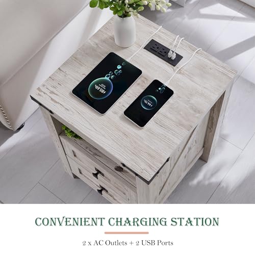 RedLemon-Farmhouse-Nightstand-with-Charging-Station-Rustic-18-Inch-End-Table-with-2-Storage-Drawers-and-Open-Shelf-Wood-Sofa-Side-Table-for-Bedroom-Living-Room-Antique-Brush-White RedLemon Farmhouse Nightstand with Charging Station Rustic 18 Inch End Table with 2 Storage Drawers and Open Shelf Wood Sofa Side Table for Bedroom Living Room Antique Brush White