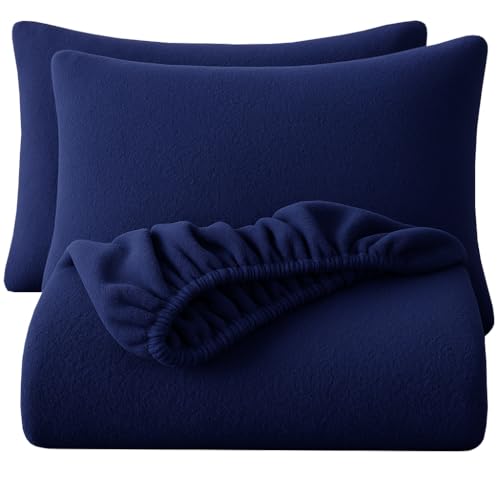Image of VAS COLLECTIONS Luxury Warm Winter Elastic Fitted Bedsheet with 2 Pillow Covers - Ultra Soft Flannel Velvet Touch, Cozy & Wrinklefree lintfree Size - 78x72+10 Inches (Blue)