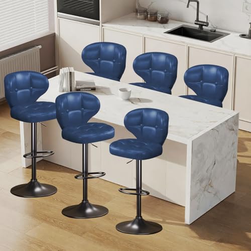 Bar Stools Set of 6, Adjustable Swivel Bar Chairs with 360° Rotation, Padded Counter Stools with Back and Footrest for Kitchen Island, Bistro, Cafe, and Home Use Blue