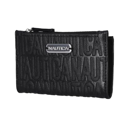 Image of Nautica High Tide Small Wallet for Women, RFID Blocking Slim Credit Card Holder with Zipper Coin Pocket, Bifold Compact Wallet with ID Window, Black Printed