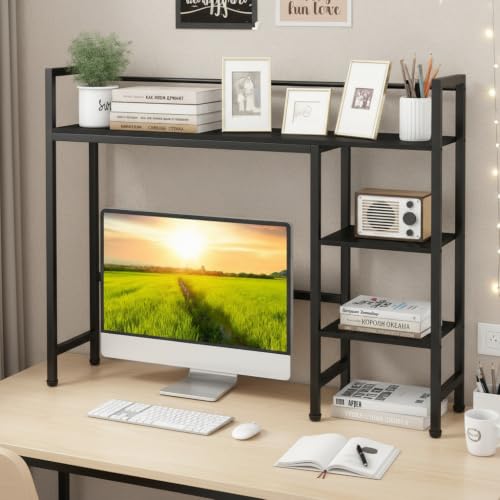 Image of Tangkula 4-Tier Desktop Bookshelf, 38.5 inch Dorm Desk Hutch, Black | Tabletop Hutch for Computer Monitor, 4 Open Storage Shelves, Anti-tip Device, Desktop Display Shelves for Home Office