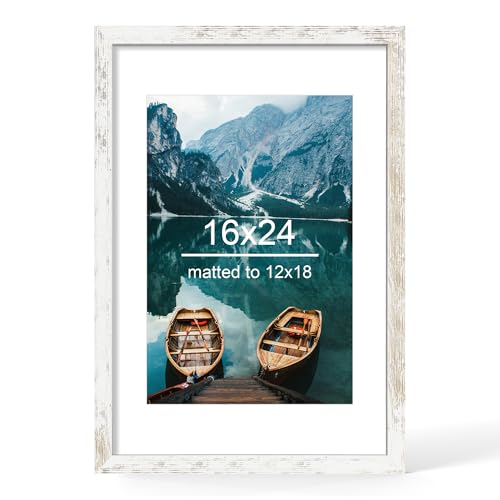 Hongkee 16x24 Frame Distressed White Wood Style - Display Posters 12 x 18 with Mat or 16x24 without Mat Wall Mounting Horizontal and Vertical 1 Pack