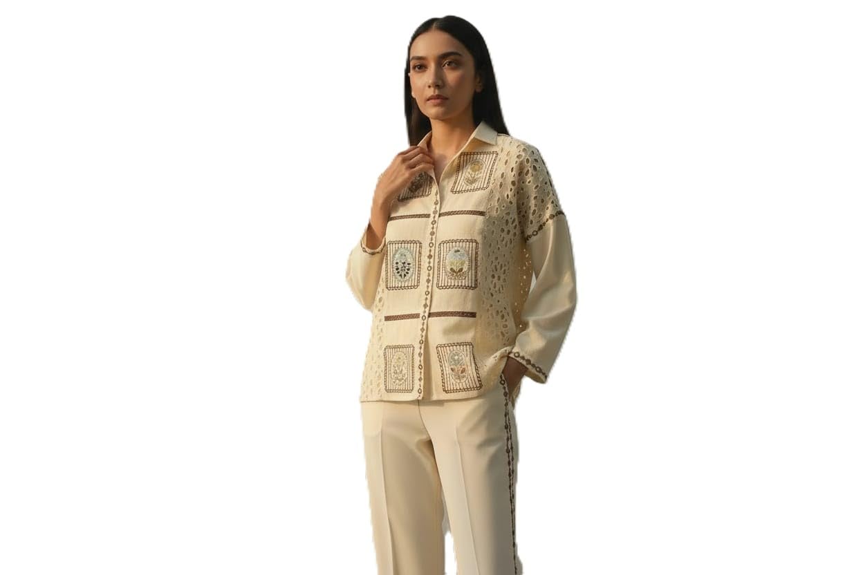 Women's Beige Embroidered Co-ord Set, Shirt-Style Top with Straight Pants, Premium Two-Piece Outfit for Office Wear, Casual Outings, Semi-Formal-picture-13