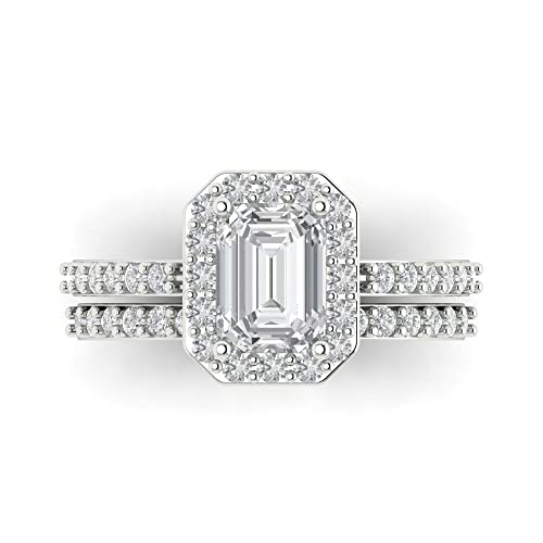 Clara Pucci 2.20ct Emerald Cut Halo Solitaire Genuine Moissanite Engagement Promise Anniversary Bridal Ring Band set 18K White Gold