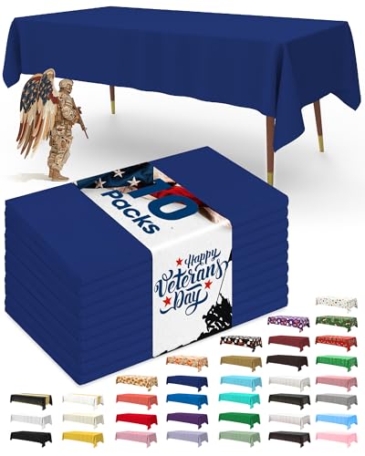 Pureegg Plastic Table Cloth Disposable 10 Pack, 54 x 108 Inch Table Cloths, Patriotic Decorations, Thanksgiving, Veterans Day Tablecloths, Rectangle, Plastic Cover, Leakproof & Sturdy, Navy Blue