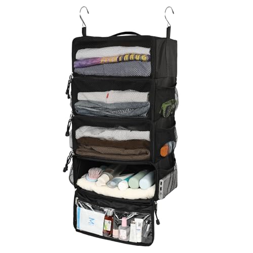 Surblue Travel Hanging Packing Cubes with 2 Hooks Hanging Shelves for Luggage Organizers Portable Compression 4 Shelf Closet Carry-on Suitcases Organizers, Medium, Black