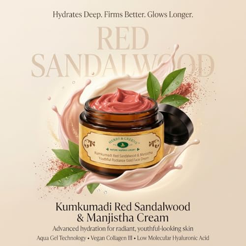Image of Herbs & Greens Kumkumadi Red Sandalwood Gold Face Cream With Vegan Collagen, Low Molecular Hyaluronic Acid & Hydrating Aqua Gel Technology | Deep Hydration, Radiant Glow, Wrinkles & Firmer Skin | Pigmentation Dark Spots | Anti Aging Moisturizer For Woman & Men | Oily /Dry /Combination Skin | Day & Night Repair | Derma Tested Safe | 50 gm