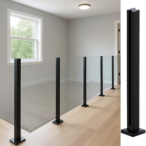 Cvter Glass Railing Post, No-Punch Heavy-Duty Glass Railing with Spigot Slots & Base, 304 Stainless Steel Clamp Bracket for Deck Balusters, Balcony, Patio, Stairs, Black 35in Mid Post