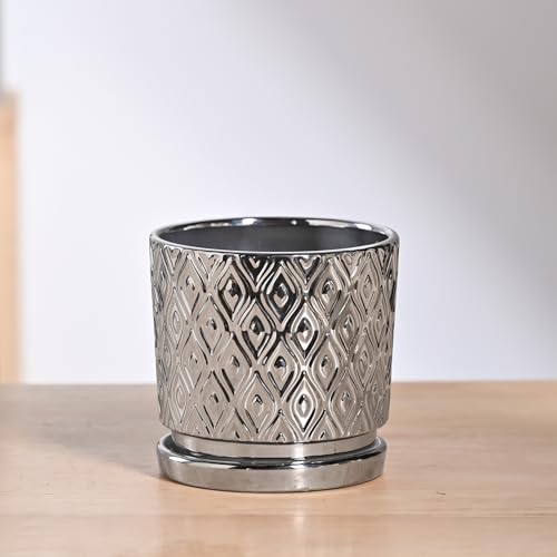 Image of UGAOO Peacock Ceramic Pot - 5 Inch | Ceramic pots for Indoor Plants | Ceramic Flower Pot for Living Room | planters for Home Decor (Silver)