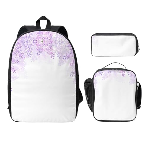 Sac à dos fleurs lilas 3 pièces idéal pour le collège avec sac repas et trousse noire