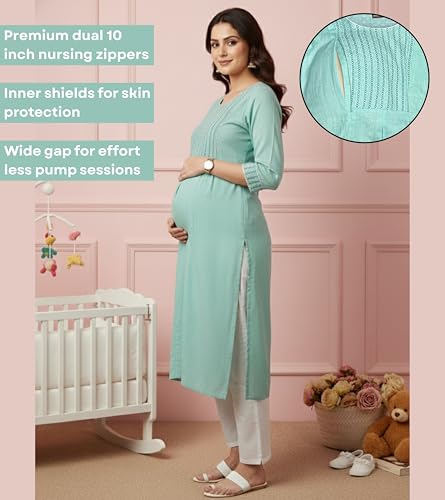 Image of DUMMY SHAPE Pregnancy Dresses for Women Cotton | Floral Maternity Kurta Pant Dupatta Set with Dual Nursing Zippers | Pre & Post Partum | Feeding Kurtis | Baby Shower | Gifts for Pregnant Woman