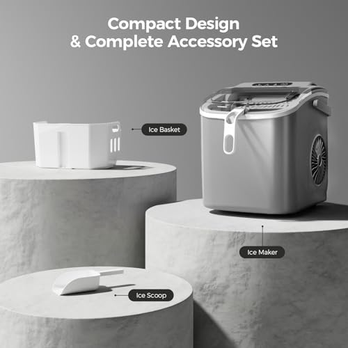 Image of Crzoe Countertop Ice Maker Machine with Handle,26Lbs /24H,9 Cubes Ready in 6 Mins,Self-Cleaning Function with Ice Scoop and Basket for Home /Office(Grey)