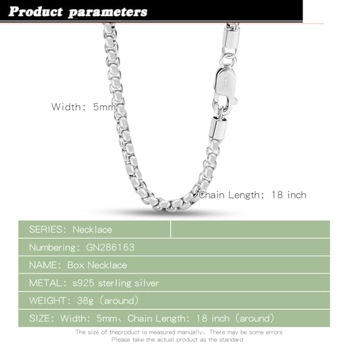 Dankadi Men 925 Sterling Silver 5MM Square Rolo Link Necklace Women Round Box Chain 16" 18" 20" 22" 24" 26" 28" 30" 38" Choker Unisex Jewelry Gift (Silver, 22 inch) by Dankadi - Image 3