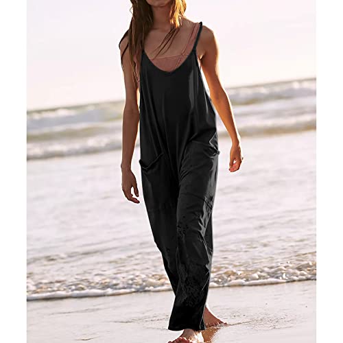 Ainangua Casual Sleeveless Jumpsuits For Women Adjustable Spaghetti Strap Overalls Long Pants Romper With Pockets(Black,L) #TOP5