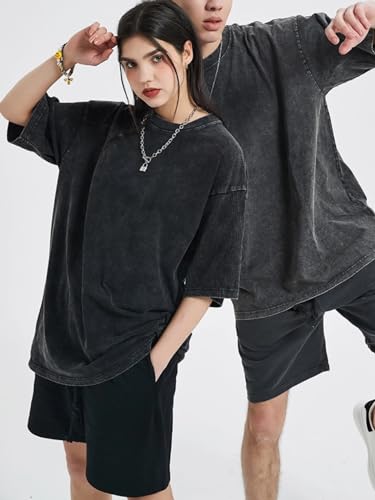 Image of Men's Oversized Cotton T-Shirts Loose Fit Vintage Washed Tee Unisex Short Sleeve Casual Shirts Tops