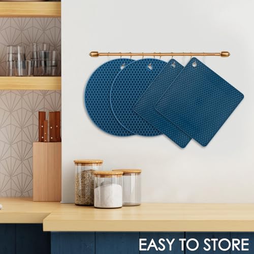 Image of Silicone Trivets for Hot Dishes, 4 PCS Multipurpose Heat Resistant Mat Thick Silicone Hot Pads Pot Holders for Kitchen Counter, Flexible Jar Opener Food Grade Spoon Holder, Indigo Coasters