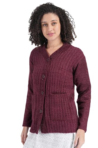 Image of MANRA Women's Woolen V-Neck Buttoned Full Sleeve Cardigan Self Design Soft Wool Fabric Winter Wear Pure Wool Sweater Fully Warm with Front Pockets Stylish Cardigan