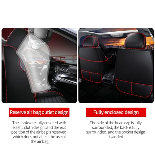 Leather Car Seat Covers for Chevy Avalanche 2002-2013,Car Seat Covers Full Set,Seat Covers with Safety,Waterproof Seat Cover Compatible Airbag(5pcs Black&Red Standard)