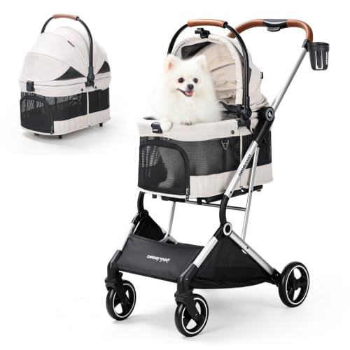 Image of T3 Pro Small Dog Stroller (Beige & Net Wall) | Detachable Carrier, 3-in-1 Stroller, Lightweight, Breathable Mesh Fabric, One-Button Braking, Easy to fold
