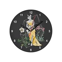 Fabulous Glass Wall Clock – Mannequin Cat 1930 Collage Art Surrealism Flowers – Diameter 20 cm – Black
