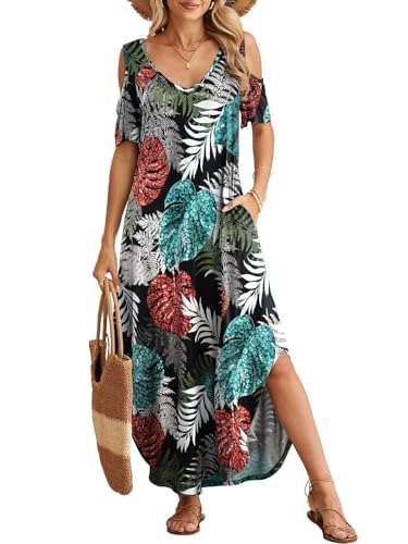 Image of BELAROI Womens Cold Shoulder Maxi Dress Plus Size V Neck Summer Sundresses with Pockets Beach Coverup Vacation Outfits