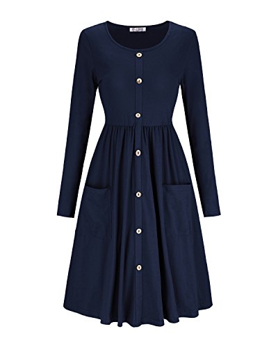 KILIG Women's Dresses Long Sleeve Casual Button Down Swing Dress with Pockets(D1-Navy,Medium)