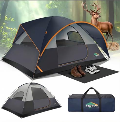 COBIZI 8-10 Person Camping Tent, 12x9FT Spacious Family Tents for Camping Ideal for Camping, Hiking, 3500mm Waterproof Double-Layer Windproof Tent for Hiking & Backpacking, Dark Blue