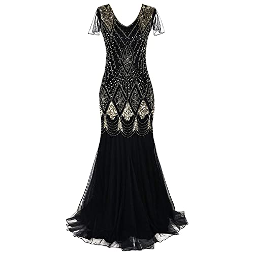 Abiti Vintage per Donne - Abito da donna stile Gatsby, sia la parte anteriore che quella posteriore sono decorate con un motivo a paisley con paillettes, tessuti morbidi e elasticizzati, modello pullover, molto comodo da indossare, rendendo l'intero vestito abbagliante e accattivante e rivelando la tua postura aggraziata, elegante costume da Flapper, trucco di fantasia, costumi di Halloween, Natale, Ringraziamento, Natale