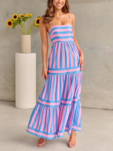 Image of Women Spaghetti Strap Flowy Long Dress Boho Floral Square Neck Maxi Dress Summer A-Line Dresses for Beach Vacation
