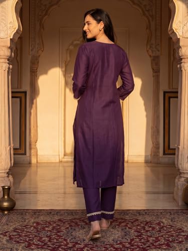 Image of INDO ERA Women's Silk Blend Embroidered Thread Work Kurta & Pant with Dupatta Set | Suit Set For Women