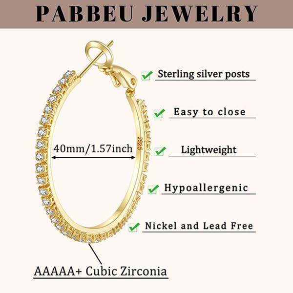 PABBEU 2mm 925 Sterling Silver Earrings Big Sterling Silver Hoop Earrings for Women Large Rhinestone Hoop Earrings Thin Hypoallergenic Cubic Zirconia Earrings for Women 30/40/50/60/70mm: 30mm Gold