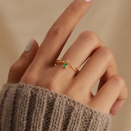 925 Sterling Silver Birthstone Ring for Women Non Tarnish Stackable Ring 14K Gold Plated Pear Teardrop Green Cubic Zirconia Crown V Engagement Promise Wedding Christmas Jewelry Gift for Her3