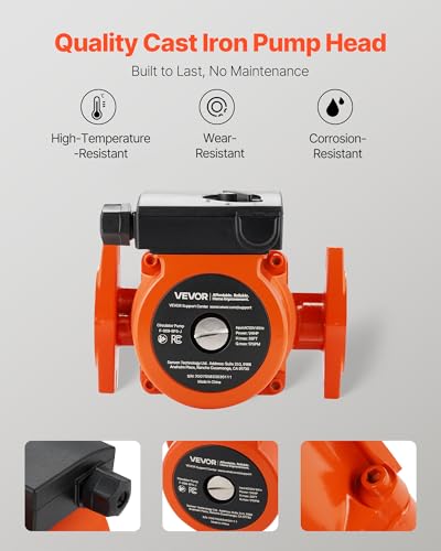 Image of VEVOR F-009-BF5-J Cast Iron Circulator Pump, 17 GPM, AC 120V 35 ft Hot Water Recirculating Circulation Pump, 3 /4-Inch Flange Connection, 3-Speed Adjustment, Quiet Operation, for Home Heating System