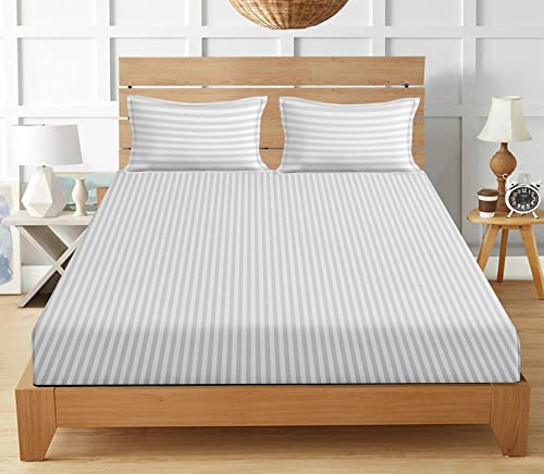 Luxury Trends 210 TC Glace Cotton Satin Striped Plain Bedsheet for Double Bed King Size with Two Pillow Covers for Home-Hotels-Guest House-White Color