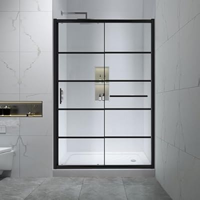 44-48" W x 72" H Framed Black Grid Pattern Single Sliding Shower Door with 1/4" (6mm) Clear SGCC Tempered Glass in Matte Black Finish, Reversible Installation