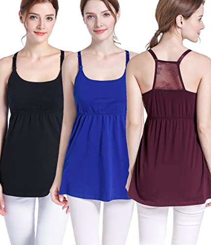 Image of SUIEK 3-Pack Cotton Maternity Nursing Tank Tops Breastfeeding Cami Shirts | Cami with Light Shelf Bra Support, Pregnancy to Postpartum, No Separate Bra Needed