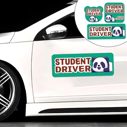 Image of Student Driver Please Be Patient Car Magnet, Green Panda Cute Shape, Patient with Reflective Magnetic Bumper Sticker Set Detachable, Novice Safety Signs.Set of 3