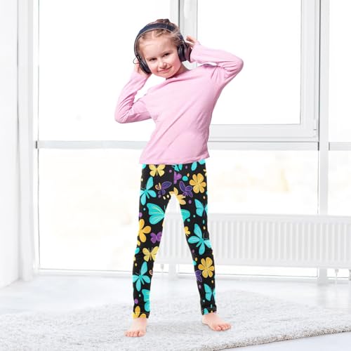 Blue Yellow Butterflies Flower Girls Leggings Ultra Soft Compression Yoga Gym Pants for Kids 4-10T4