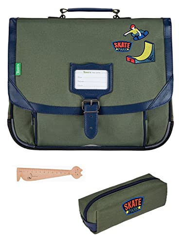 TANN'S Boys' School Bag 38 cm + Assorted Rectangular Pencil Case + Blumie Cat Wooden Bookmark, Tony, 38 cm, Modern
