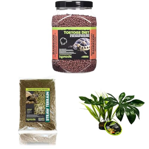 Komodo Complete Holistic Tortoise Diet Dandelion 680 g, Straw Terrain 12 L & Jungle Canopy Plant 25×42×9.5 cm – Tortoise Food, Substrate & Habitat Décor Kit