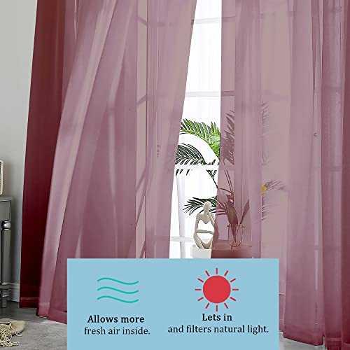 Image of OWENIE Sheer Curtains, 45 inch Long Light Filtering Tiers for Kitchen, Bedroom, 2 Panels, Cafe Curtains for Small Window, 42 inch W x 45 inch L, Burgundy