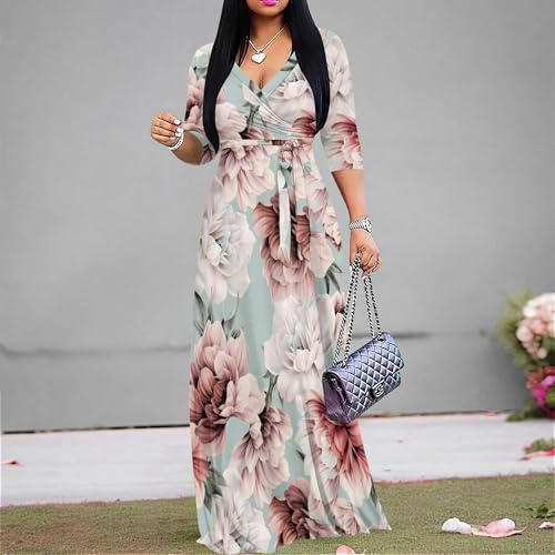 Image of PinkPatty Women's Print Maxi Dresses 3 /4 Sleeve Flowy Long Dress V Neck Wrap Tie Waist Sundress