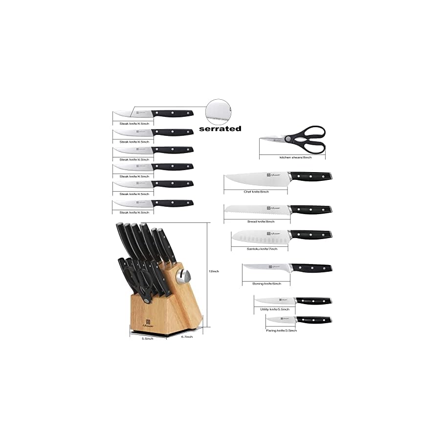 Hanmaster Knife Set, 14 Pieces German Steel Knife Sets for Kitchen with Block, Kitchen Scissors, Sharp Kitchen Knife Set for Home and Restaurants, Classic Elegant Black