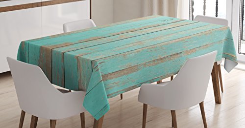 Lunarable Aqua Tablecloth, Worn Out Wooden Planks Faded Paint Marks Vintage Grunge Hardwood Image Rustic Design, Rectangular Table Cover for Dining Room Kitchen Decor, 60