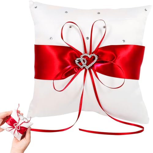 Qanye 1 Pezzo Cuscino per Fedi Nuziali a Doppio Cuore, 20x20 cm Porta Fedi Matrimonio Romantico, Cuscino per Anelli Nuziali, Elegante Accessorio per Cerimonia Matrimonio (Rosso)