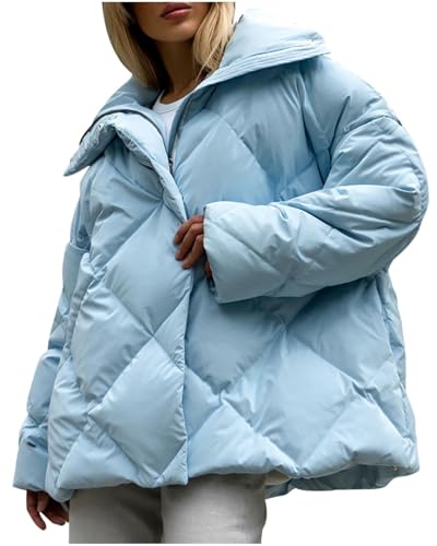 ORANDESIGNE Glänzende Winterjacke Damen Puffer Jacke mit Fleecegefütterter Daunenjacke Steppjacke B Hellblau S